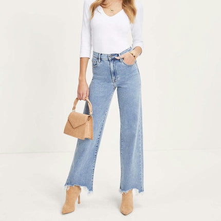 Straight Wide Leg Jeans for Women Mid Waisted Casual Raw Hem Denim Pants