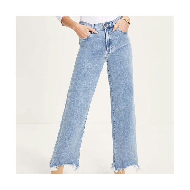 Straight Wide Leg Jeans for Women Mid Waisted Casual Raw Hem Denim Pants