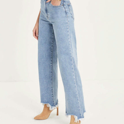 Straight Wide Leg Jeans for Women Mid Waisted Casual Raw Hem Denim Pants