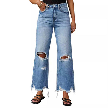 Womens High Waist Baggy Jeans Straight Wide Leg Casual Raw Hem Denim Pants