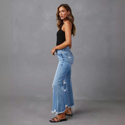 Womens High Waist Baggy Jeans Straight Wide Leg Casual Raw Hem Denim Pants