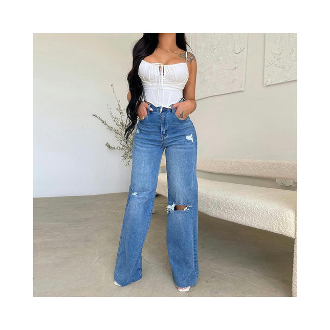 Women's Casual Loose High Waist Ripped Denim Pants Distressed Wide Leg Jeans