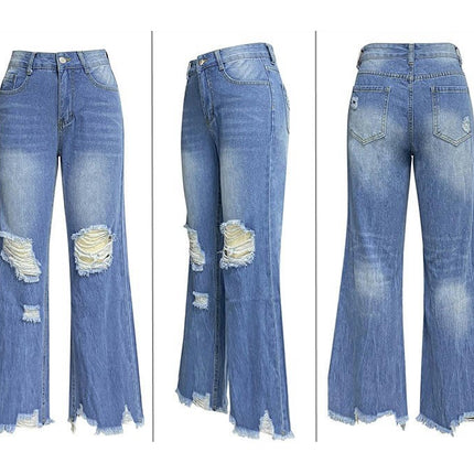 Womens High Waist Baggy Jeans Straight Wide Leg Casual Raw Hem Denim Pants