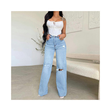 Women's Casual Loose High Waist Ripped Denim Pants Distressed Wide Leg Jeans