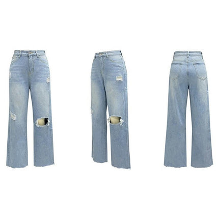 Women's Casual Loose High Waist Ripped Denim Pants Distressed Wide Leg Jeans