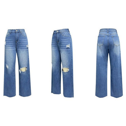 Women's Casual Loose High Waist Ripped Denim Pants Distressed Wide Leg Jeans