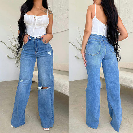 Women's Casual Loose High Waist Ripped Denim Pants Distressed Wide Leg Jeans