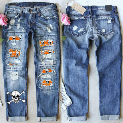 Womens Plaid Patch Ripped Boyfriend Distressed Casual Denim Jeans