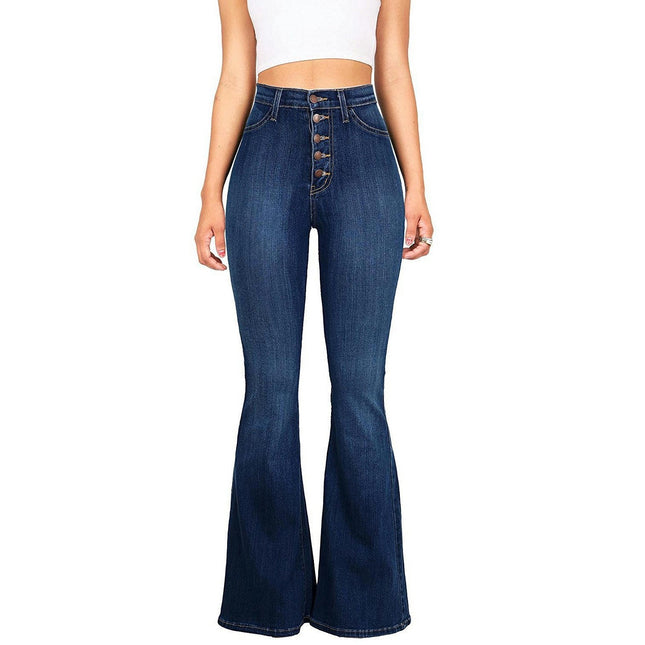 Women's Stretch Flare Jeans High Waisted Button Fly Bell Bottom Denim Pants