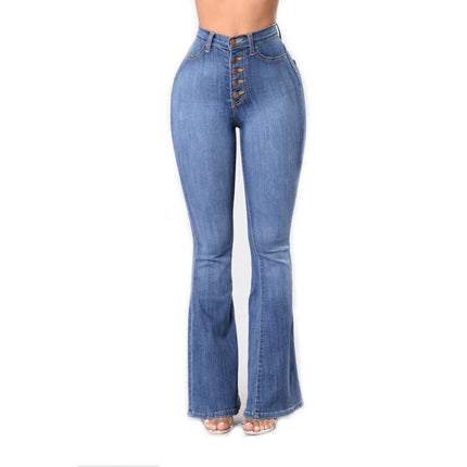 Women's Stretch Flare Jeans High Waisted Button Fly Bell Bottom Denim Pants