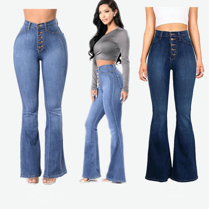 Women's Stretch Flare Jeans High Waisted Button Fly Bell Bottom Denim Pants