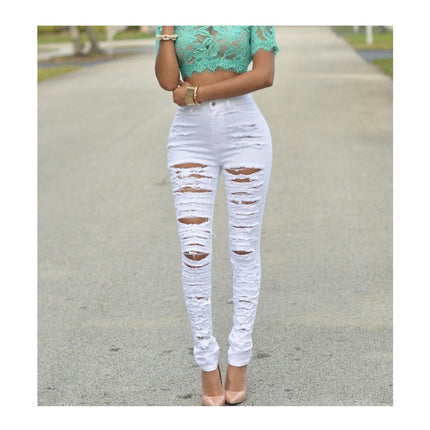 Women's High Waist Skinny Ripped Jeans Slim Destroyed Denim Stretch Trousers