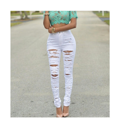 Women's High Waist Skinny Ripped Jeans Slim Destroyed Denim Stretch Trousers