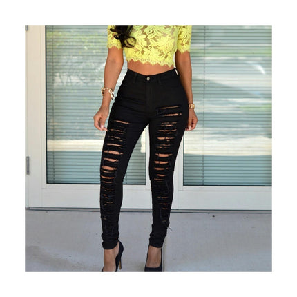 Women's High Waist Skinny Ripped Jeans Slim Destroyed Denim Stretch Trousers