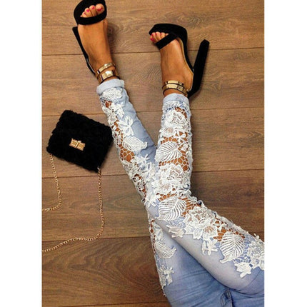 Women's Lace Skinny Pencil Jeans Stretch Slim Hole Denim Pants