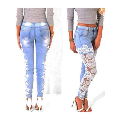 Women's Lace Skinny Pencil Jeans Stretch Slim Hole Denim Pants