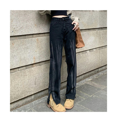 Women's Straight Leg Slit Jeans Casual High Waisted Baggy Denim Pants