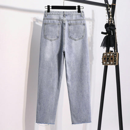 Women's Casual Ripped Straight Denim Pants Distressed High Waisted Jeans