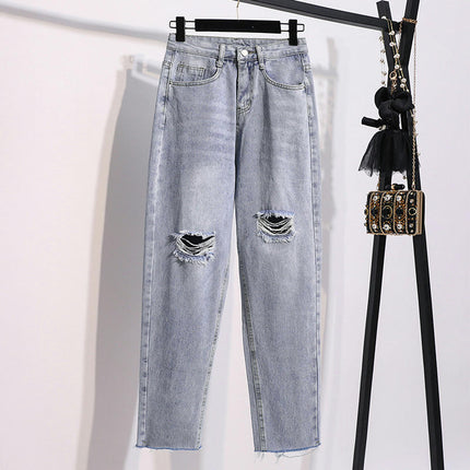 Women's Casual Ripped Straight Denim Pants Distressed High Waisted Jeans