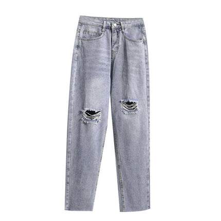 Women's Casual Ripped Straight Denim Pants Distressed High Waisted Jeans