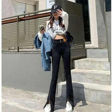 Women's High Rise Flare Jeans Slim Fit Trendy Slit Bell Bottom Jeans