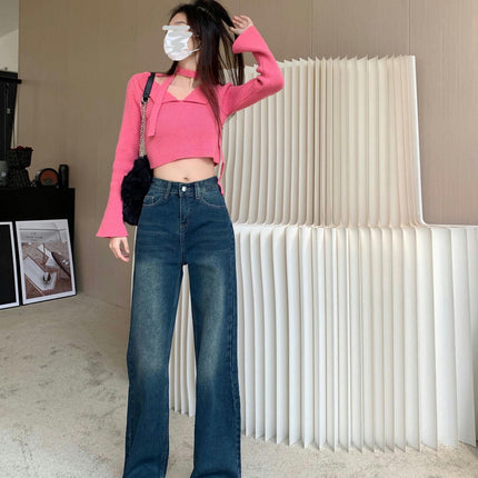 Women Wide Leg Straight Jeans High Waist Baggy Casual Denim Pants