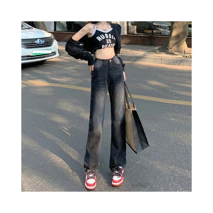 Women Vintage High Waisted Denim Pants Wide Leg Straight Jeans