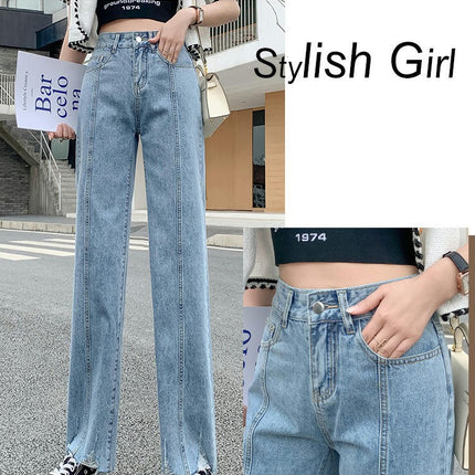 Women's High Waisted Jeans Wide Leg Flared Raw Hem Denim Pants