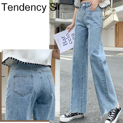 Women's High Waisted Jeans Wide Leg Flared Raw Hem Denim Pants