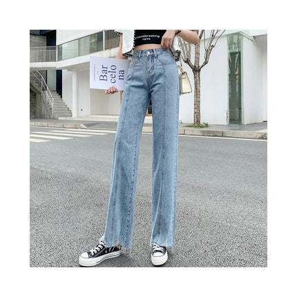 Women's High Waisted Jeans Wide Leg Flared Raw Hem Denim Pants