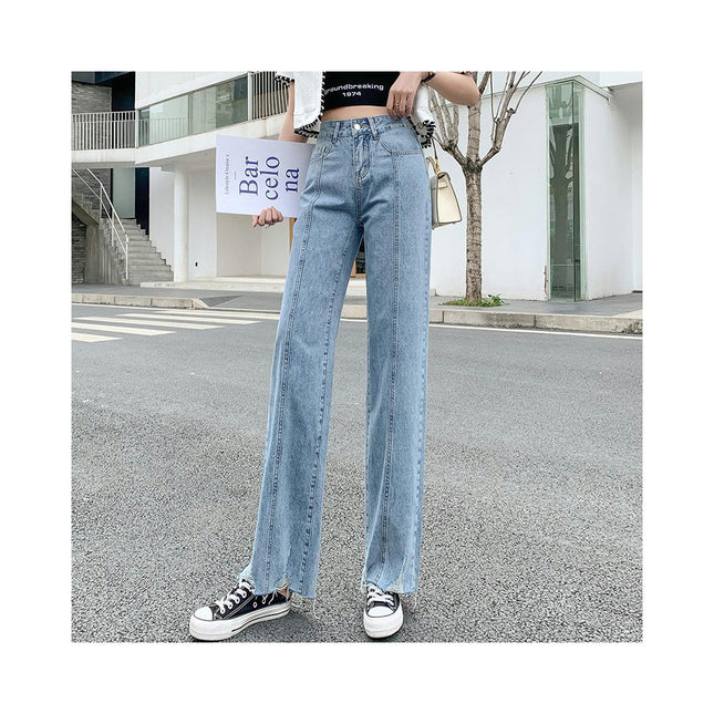 Women's High Waisted Jeans Wide Leg Flared Raw Hem Denim Pants