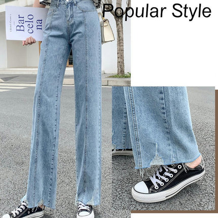 Women's High Waisted Jeans Wide Leg Flared Raw Hem Denim Pants