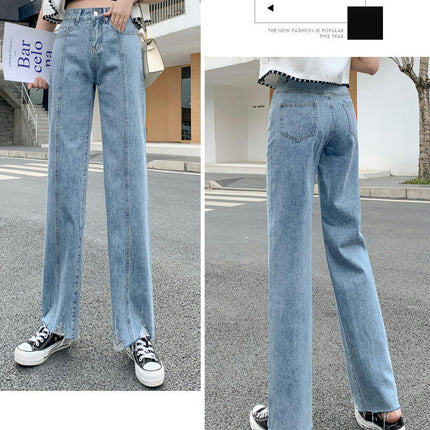 Women's High Waisted Jeans Wide Leg Flared Raw Hem Denim Pants