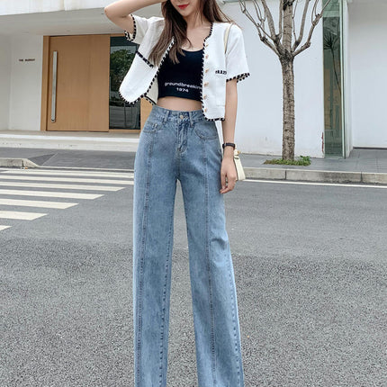 Women's High Waisted Jeans Wide Leg Flared Raw Hem Denim Pants