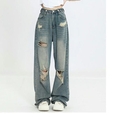 Ripped Wide Leg Jeans for Women Baggy Straight Boyfriend Denim Pants