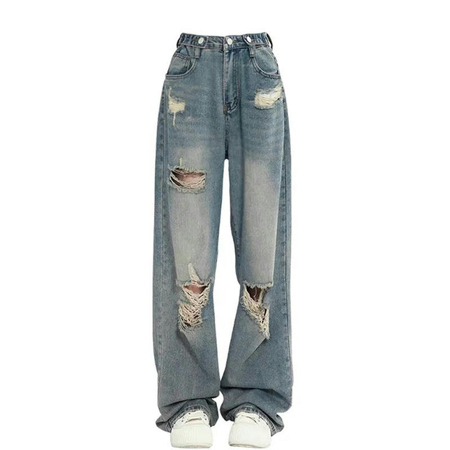 Ripped Wide Leg Jeans for Women Baggy Straight Boyfriend Denim Pants