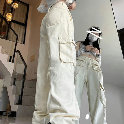 Women's High Waisted Baggy Cargo Pants Straight Wide Leg Pants with Flap Pocket