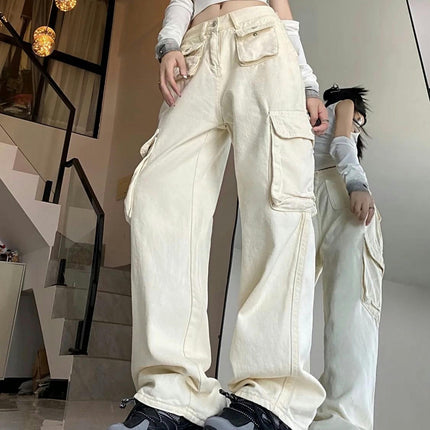 Women's High Waisted Baggy Cargo Pants Straight Wide Leg Pants with Flap Pocket