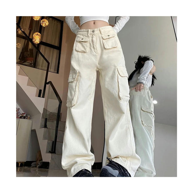 Women's High Waisted Baggy Cargo Pants Straight Wide Leg Pants with Flap Pocket