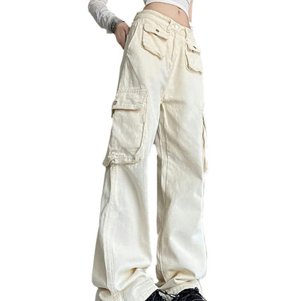 Women's High Waisted Baggy Cargo Pants Straight Wide Leg Pants with Flap Pocket