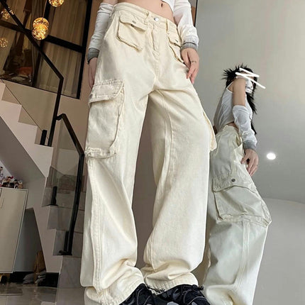 Women's High Waisted Baggy Cargo Pants Straight Wide Leg Pants with Flap Pocket