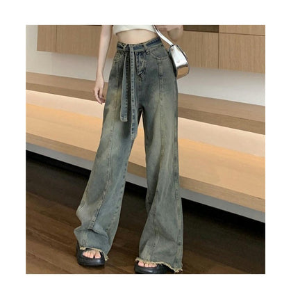 Straight Wide Leg Jeans for Women High Waisted Frayed Raw Hem Loose Denim Pants