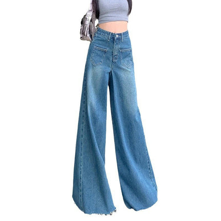 Women's Bell Bottom Wide Leg Jeans High Waisted Frayed Raw Hem Baggy Denim Pants