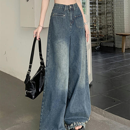 Women's Baggy Wide Leg Straight Jeans Casual Loose Boyfriend Raw Hem Denim Pants