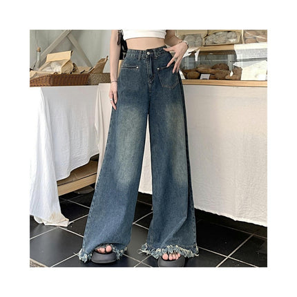 Women's Baggy Wide Leg Straight Jeans Casual Loose Boyfriend Raw Hem Denim Pants