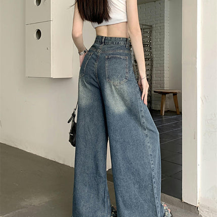 Women's Baggy Wide Leg Straight Jeans Casual Loose Boyfriend Raw Hem Denim Pants