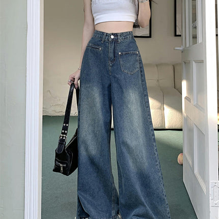 Women's Baggy Wide Leg Straight Jeans Casual Loose Boyfriend Raw Hem Denim Pants