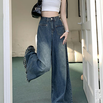 Women's Baggy Wide Leg Straight Jeans Casual Loose Boyfriend Raw Hem Denim Pants