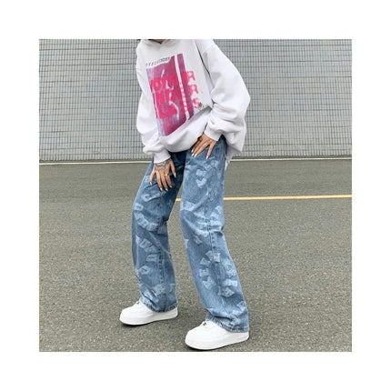 Print Jeans for Women Fashion Wide Leg High Waist Baggy Straight Denim Pants