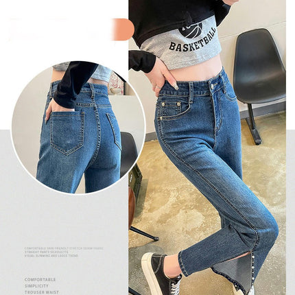 Women's Straight Leg Jeans Rivets High Waist Beggy Slit Denim Pants with Pockets